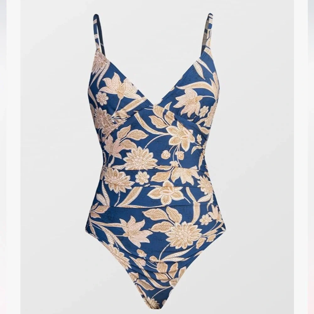 Cupshe Blue Paisley Swimsuit One‎ Piece Plunge V-Neck Adjustable Straps NWT